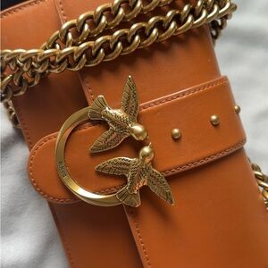 Pinko Tan Leather Bag with Gold Accents